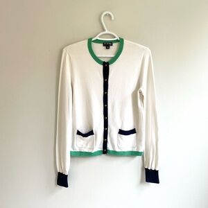 CREAM BUTTON FRONT CARDIGAN BUTTON FRONT GREEN NAVY BLUE TRIM RIBBED KNIT CUFFS